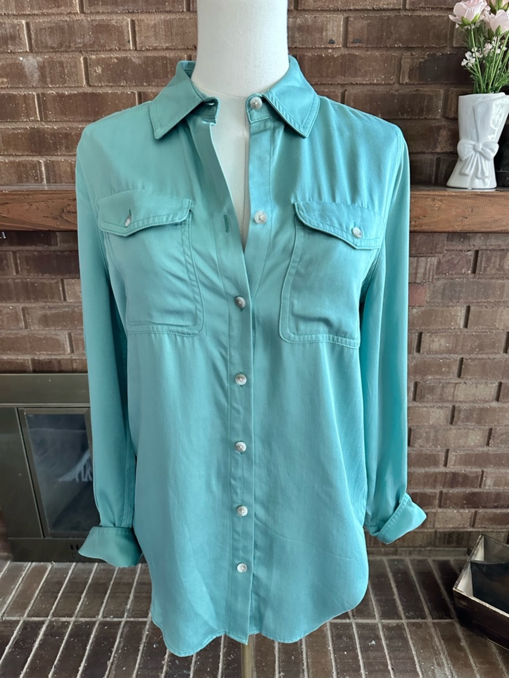 Chico's 100% Modal Aqua Green Seafoam Button Down Shirt Blouse Pocket 0 (US 4/6)